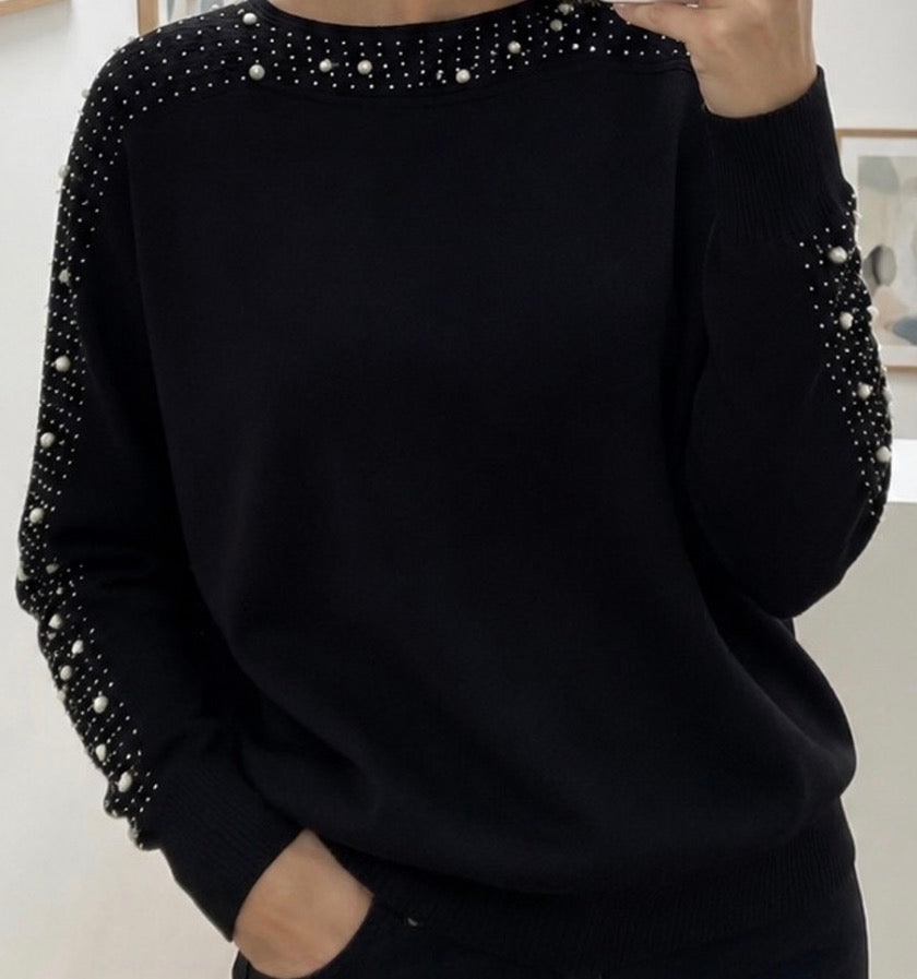 Pull Maille à Strass et Perles sur les manches et le col Femme – Col Rond Blush, Noir ou Taupe