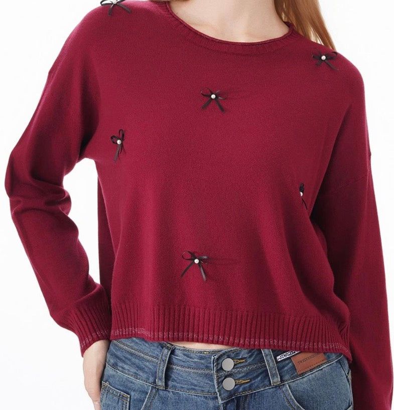 Pull Noeud Perlé Femme – Détail Fantaisie Chic Taille Unique