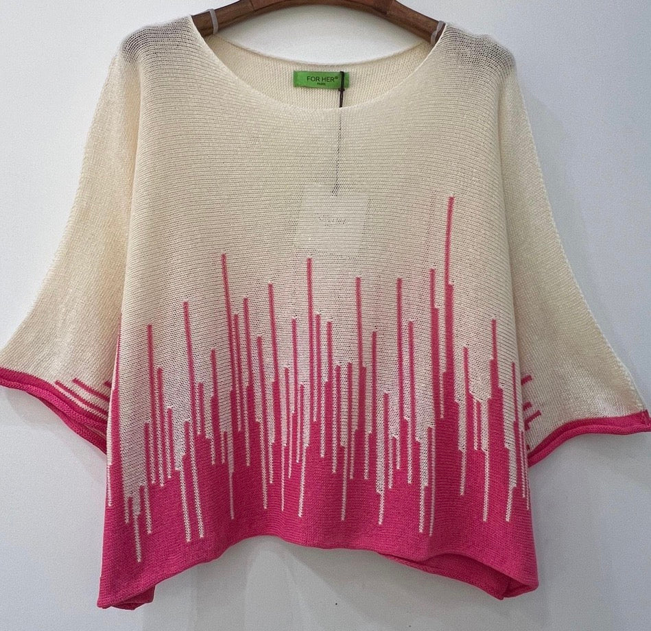 Pull Coton Maille Femme – Motif Géométrique Manches Courtes Fushia Taille Unique