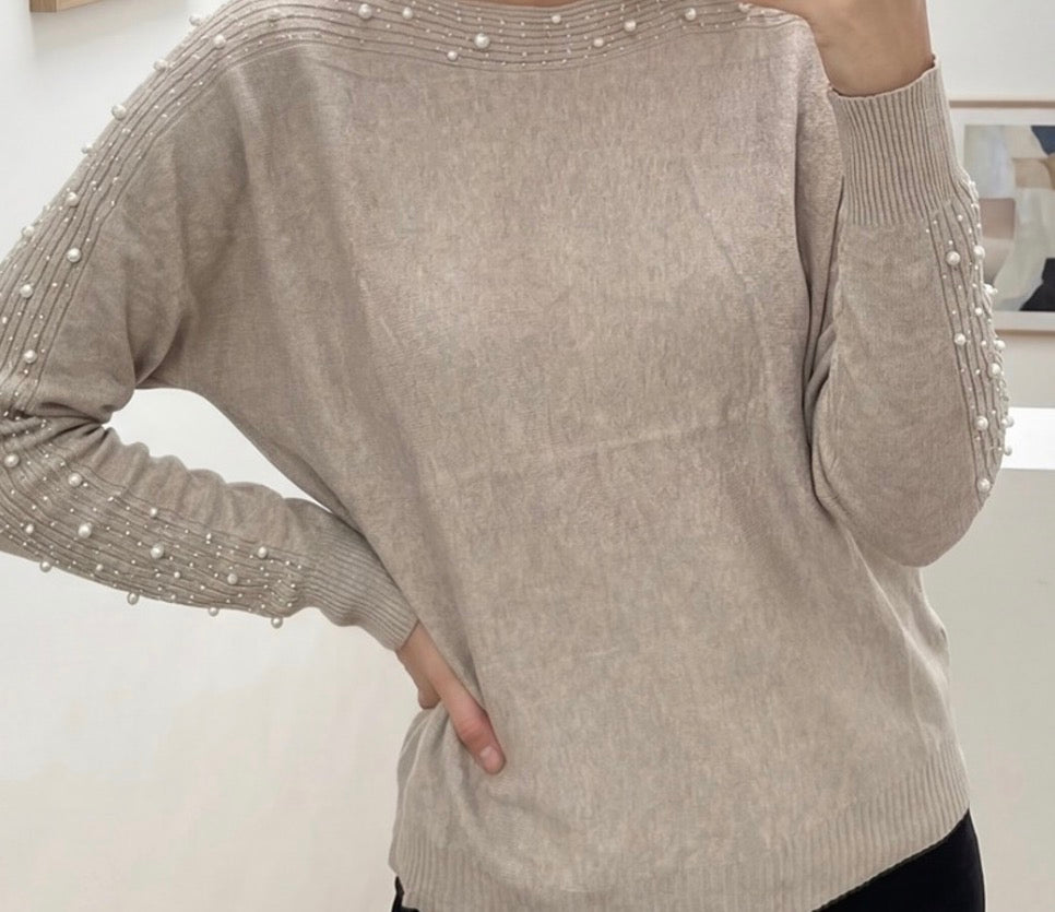 Pull Maille à Strass et Perles sur les manches et le col Femme – Col Rond Blush, Noir ou Taupe