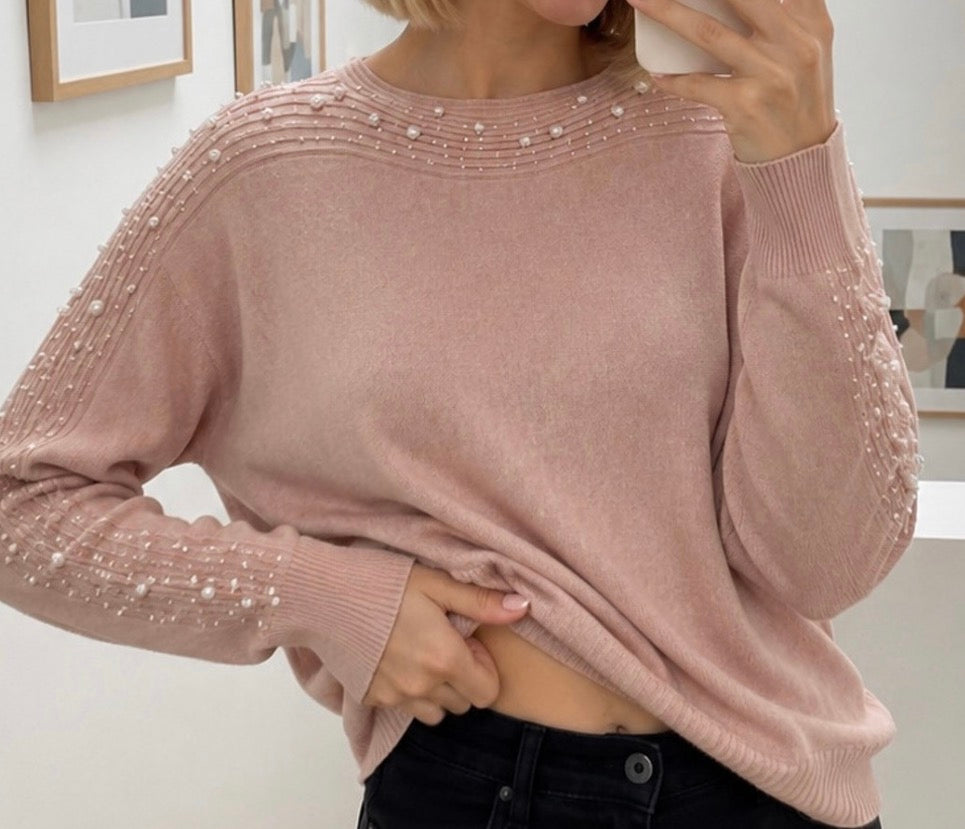 Pull Maille à Strass et Perles sur les manches et le col Femme – Col Rond Blush, Noir ou Taupe