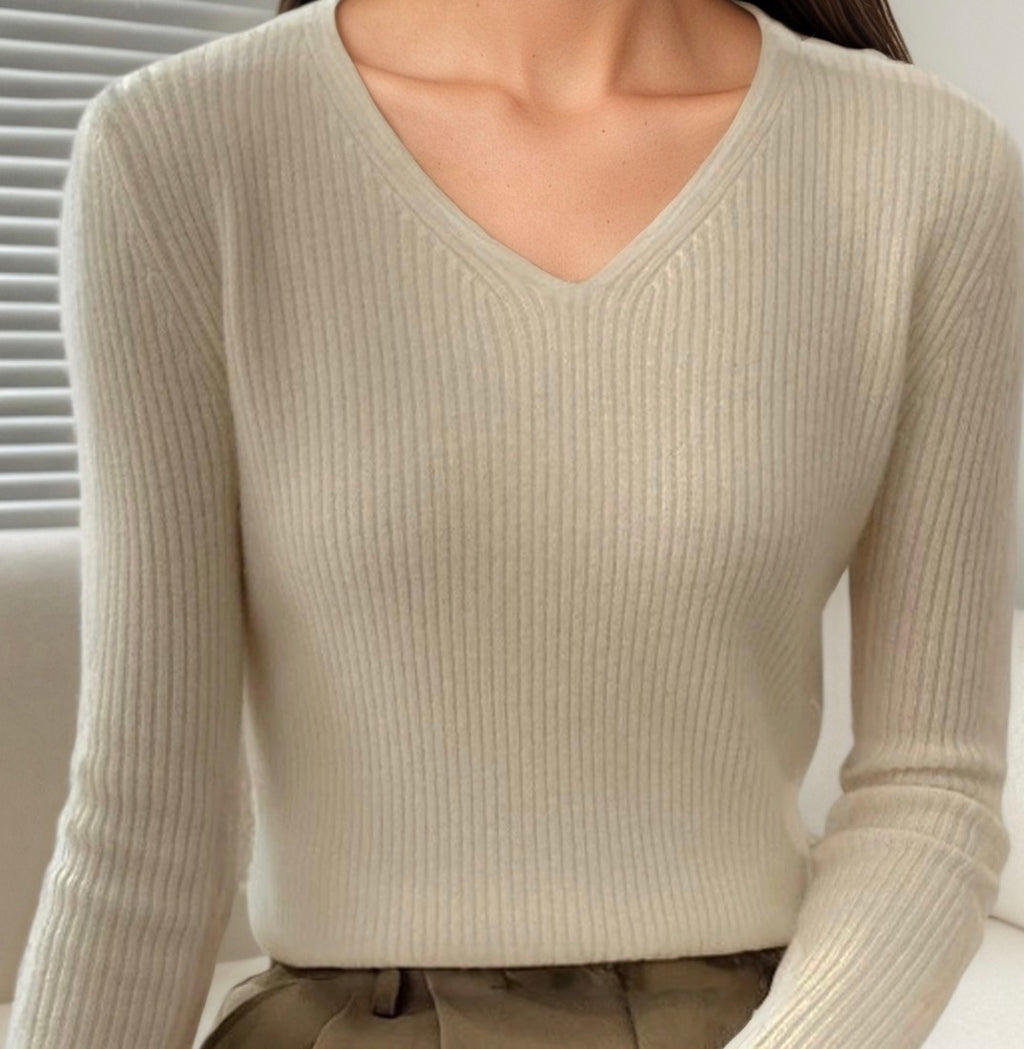 Pull Côtelé Col V Femme – Ajusté, Léger & Taille Unique 36/40
