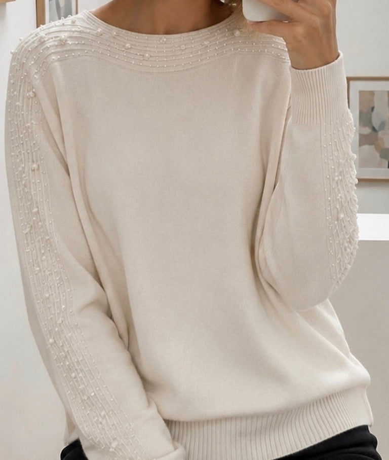 Pull Maille à Strass et Perles sur les manches et le col Femme – Col Rond Blush, Noir ou Taupe