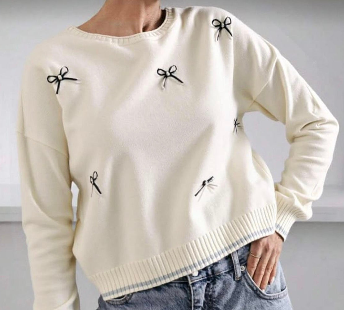 Pull Noeud Perlé Femme – Détail Fantaisie Chic Taille Unique