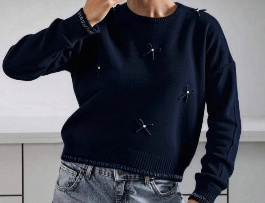 Pull Noeud Perlé Femme – Détail Fantaisie Chic Taille Unique