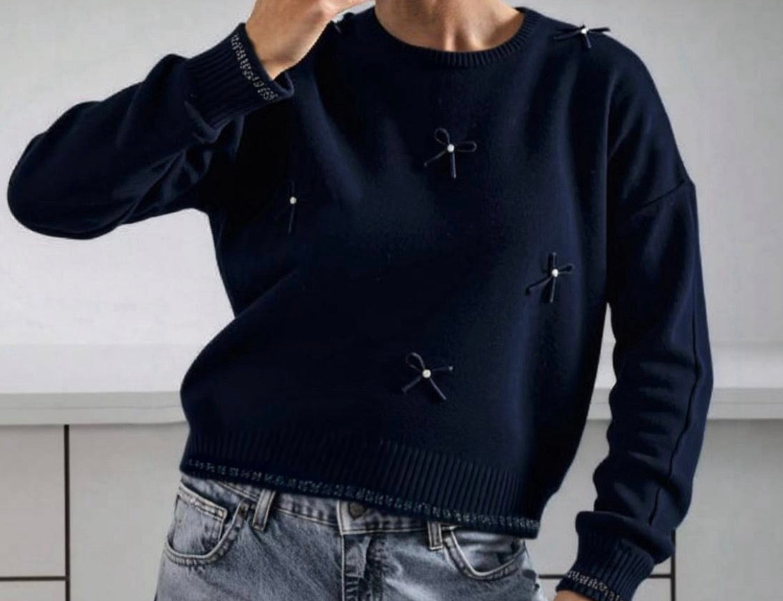 Pull Noeud Perlé Femme – Détail Fantaisie Chic Taille Unique