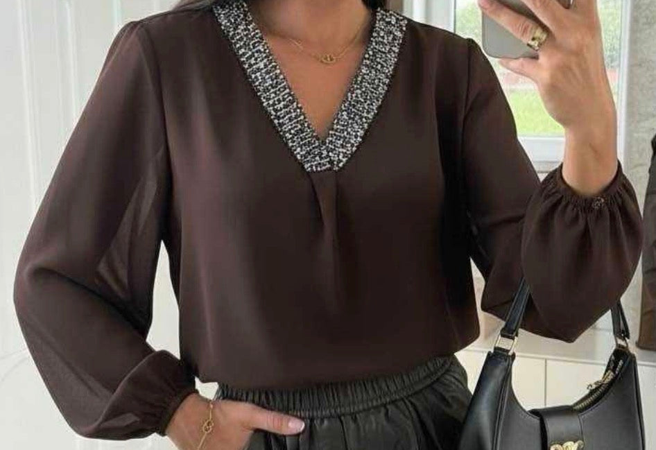 Blouse Col V à Sequins Femme – 2 Coloris Taille Unique