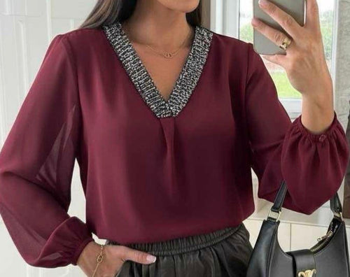 Blouse Col V à Sequins Femme – 2 Coloris Taille Unique