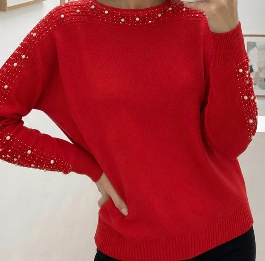 Pull Maille à Strass et Perles sur les manches et le col Femme – Col Rond Blush, Noir ou Taupe