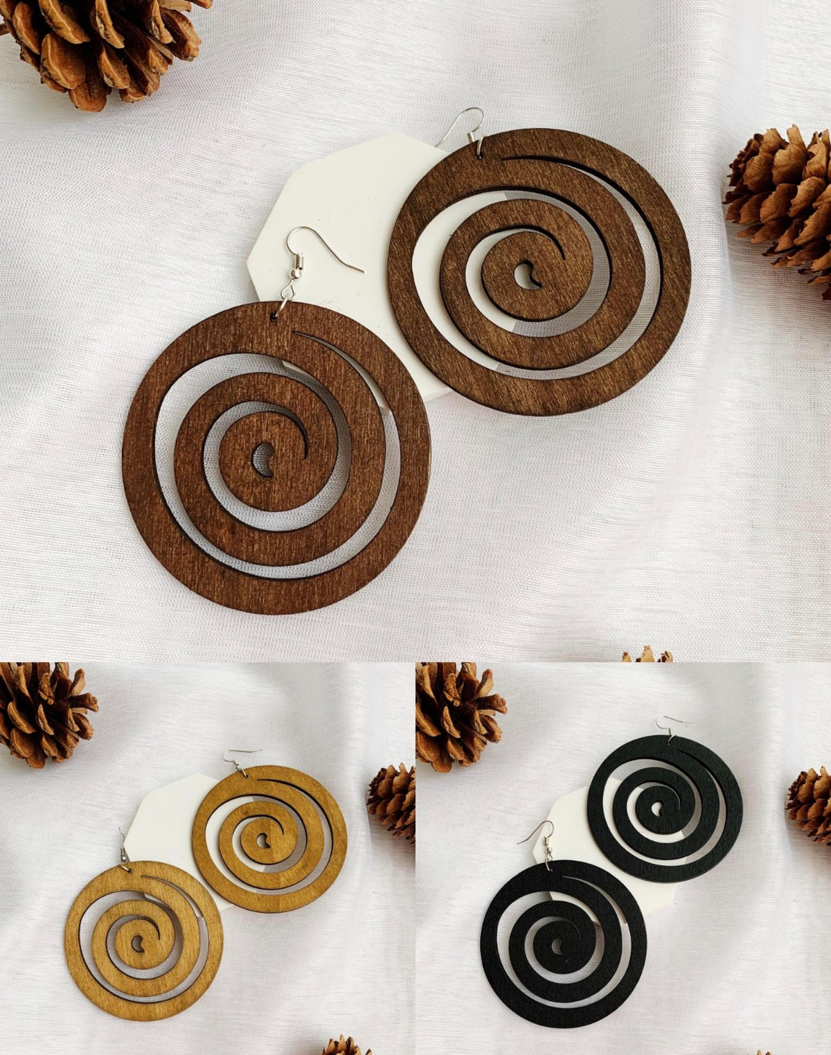 Boucles d’Oreilles en Bois Spirale Femme – 3 Coloris, Charme Africain Naturel