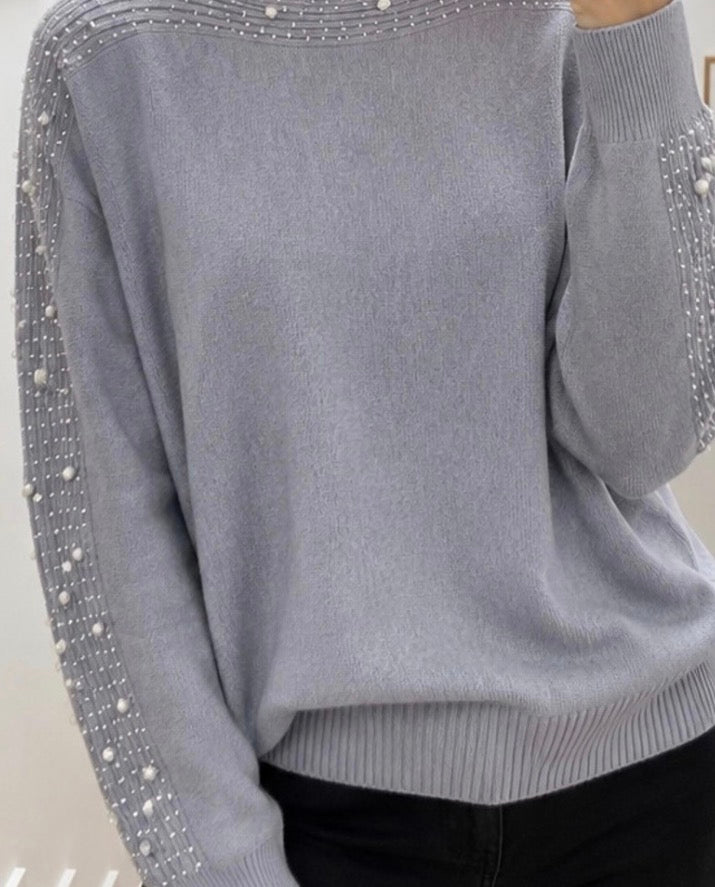 Pull Maille à Strass et Perles sur les manches et le col Femme – Col Rond Blush, Noir ou Taupe