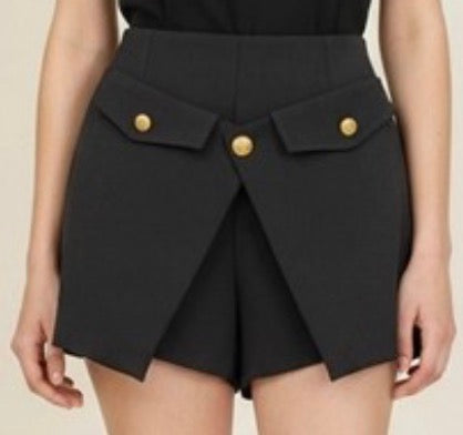 Short-Jupe Femme Noir – Boutons Dorés Chic & Tendance