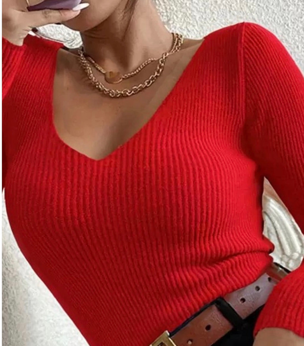 Pull Côtelé Col V Femme – Ajusté, Léger & Taille Unique 36/40