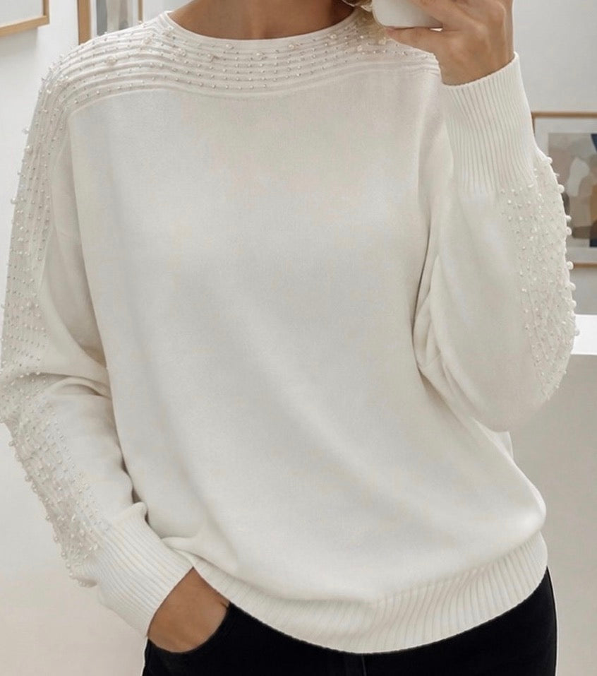 Pull Maille à Strass et Perles sur les manches et le col Femme – Col Rond Blush, Noir ou Taupe