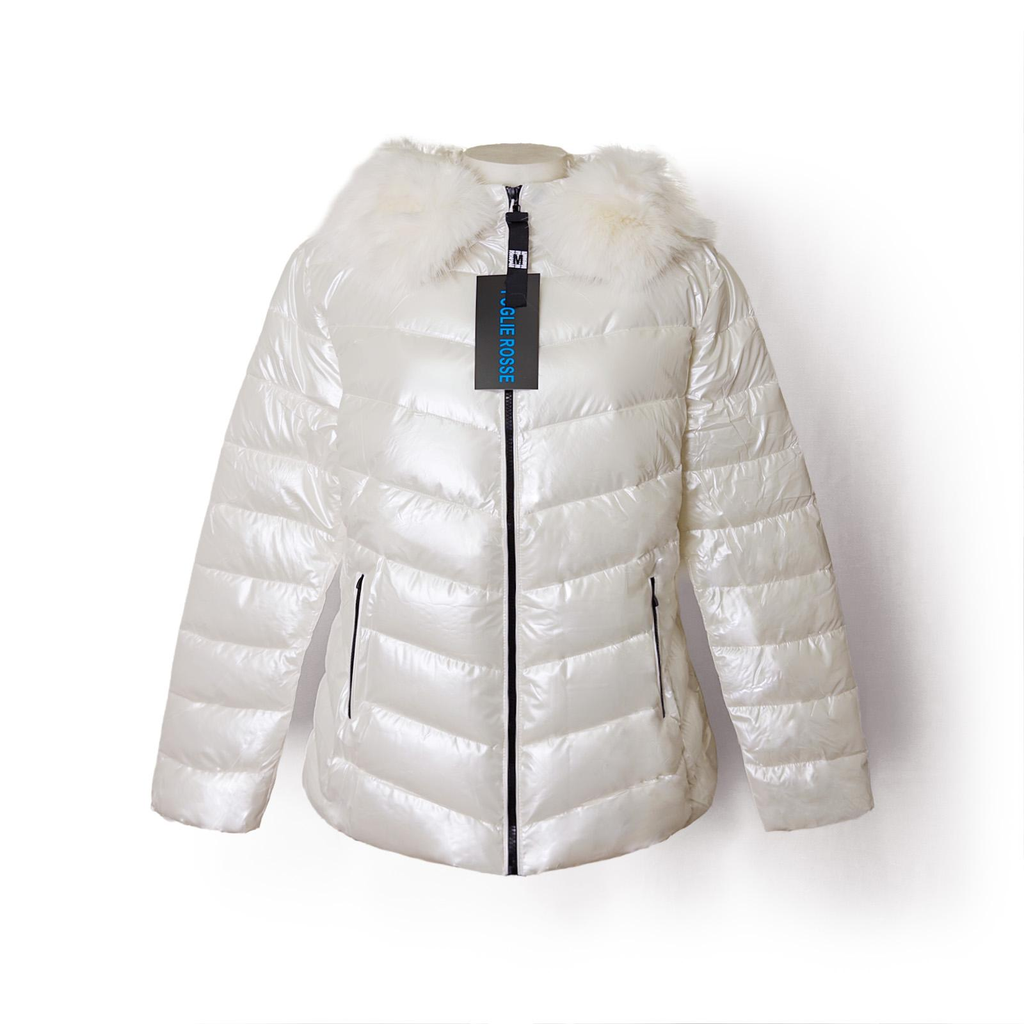 Manteau doudoune blanc col fourrure femme - face