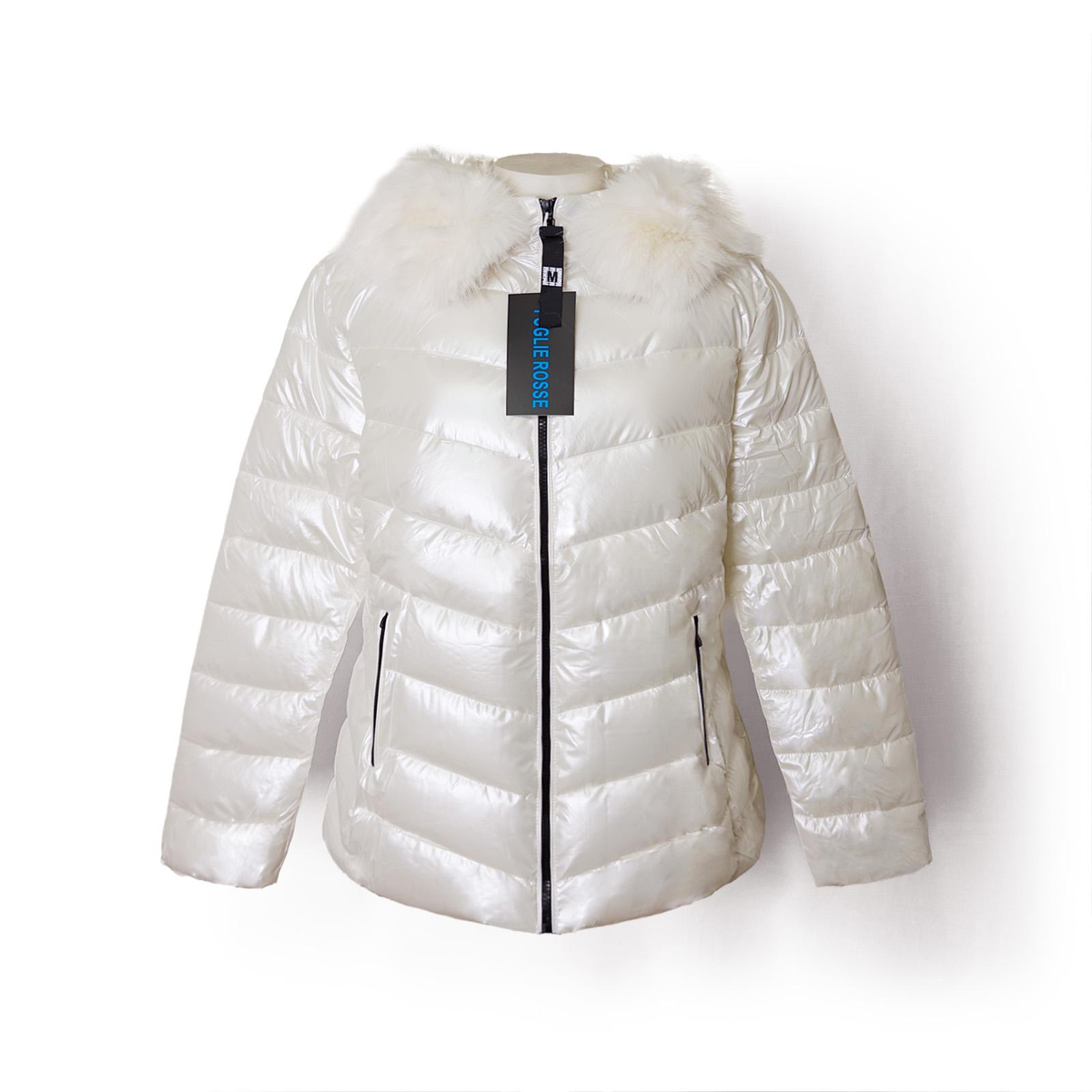 Manteau doudoune blanc col fourrure femme - face