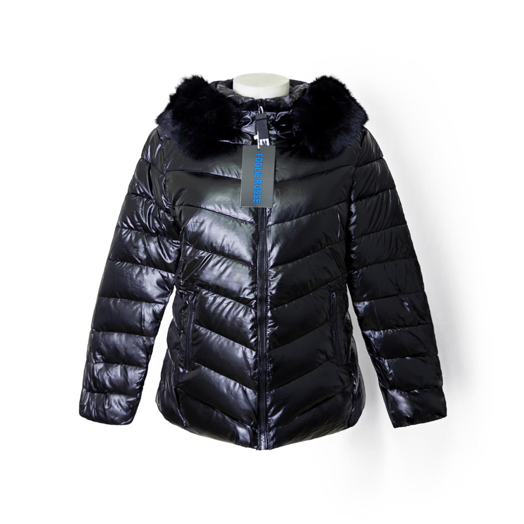 Manteau doudoune noir col fourrure femme - face