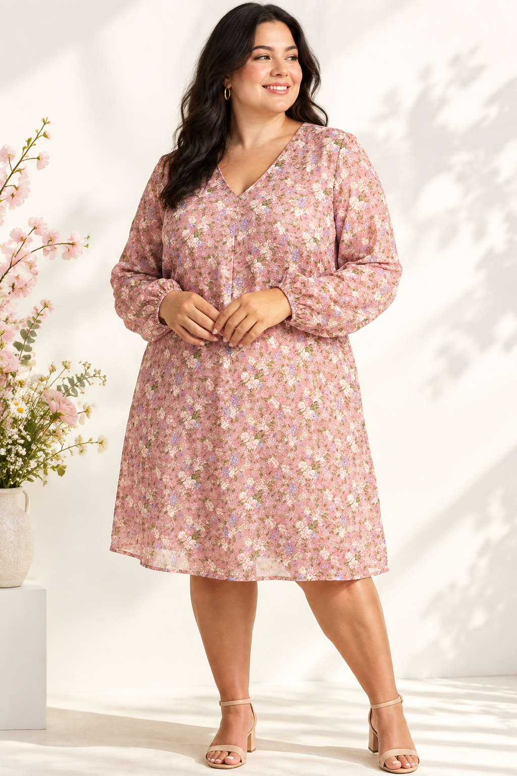 Robe rose florale femme grande taille, ambiance printanière fond blanc
