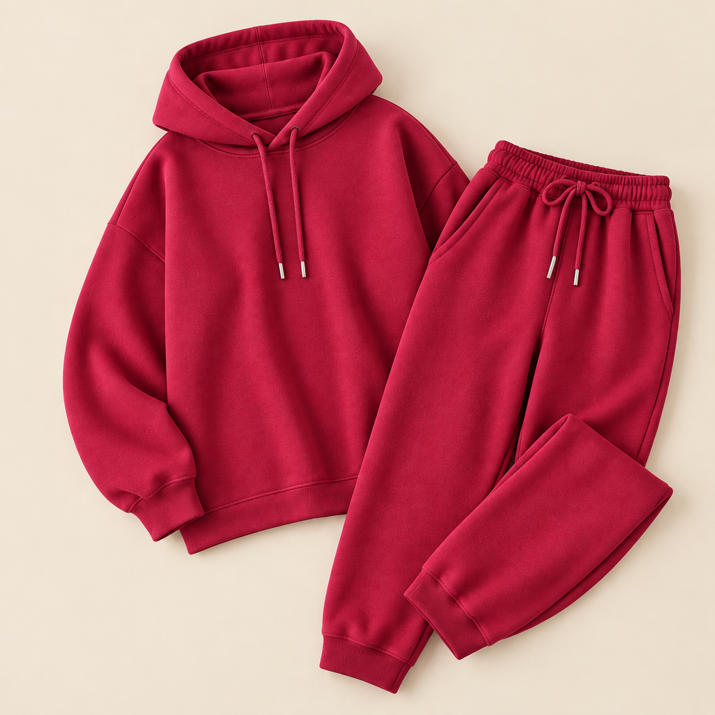Ensemble jogging oversize femme sweat à capuche et pantalon rouge, flat lay fond beige