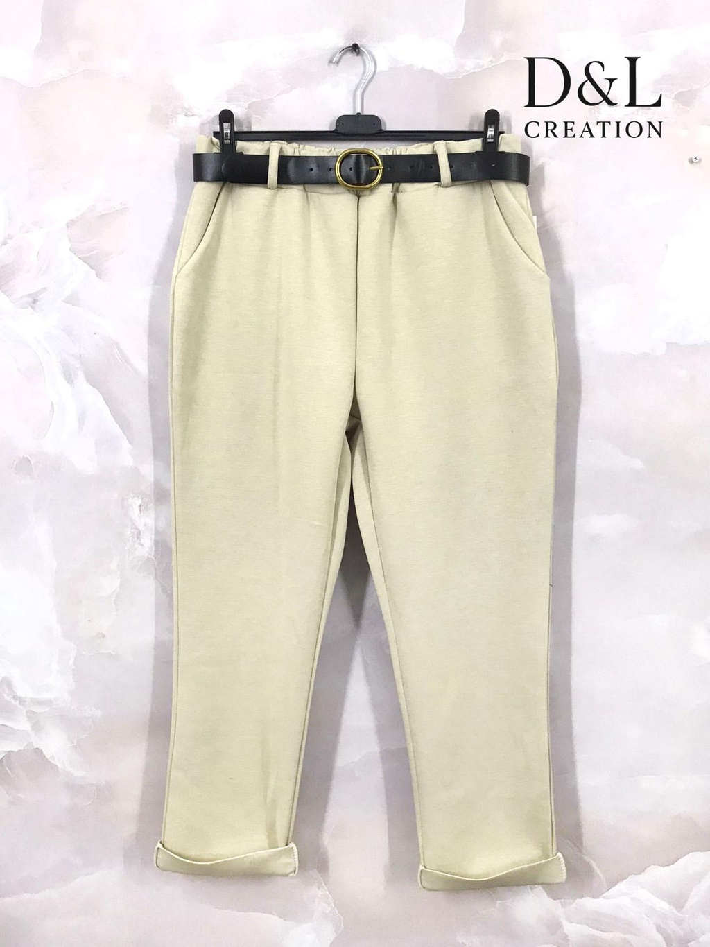 Pantalon stretch grande taille kaki clair avec ceinture