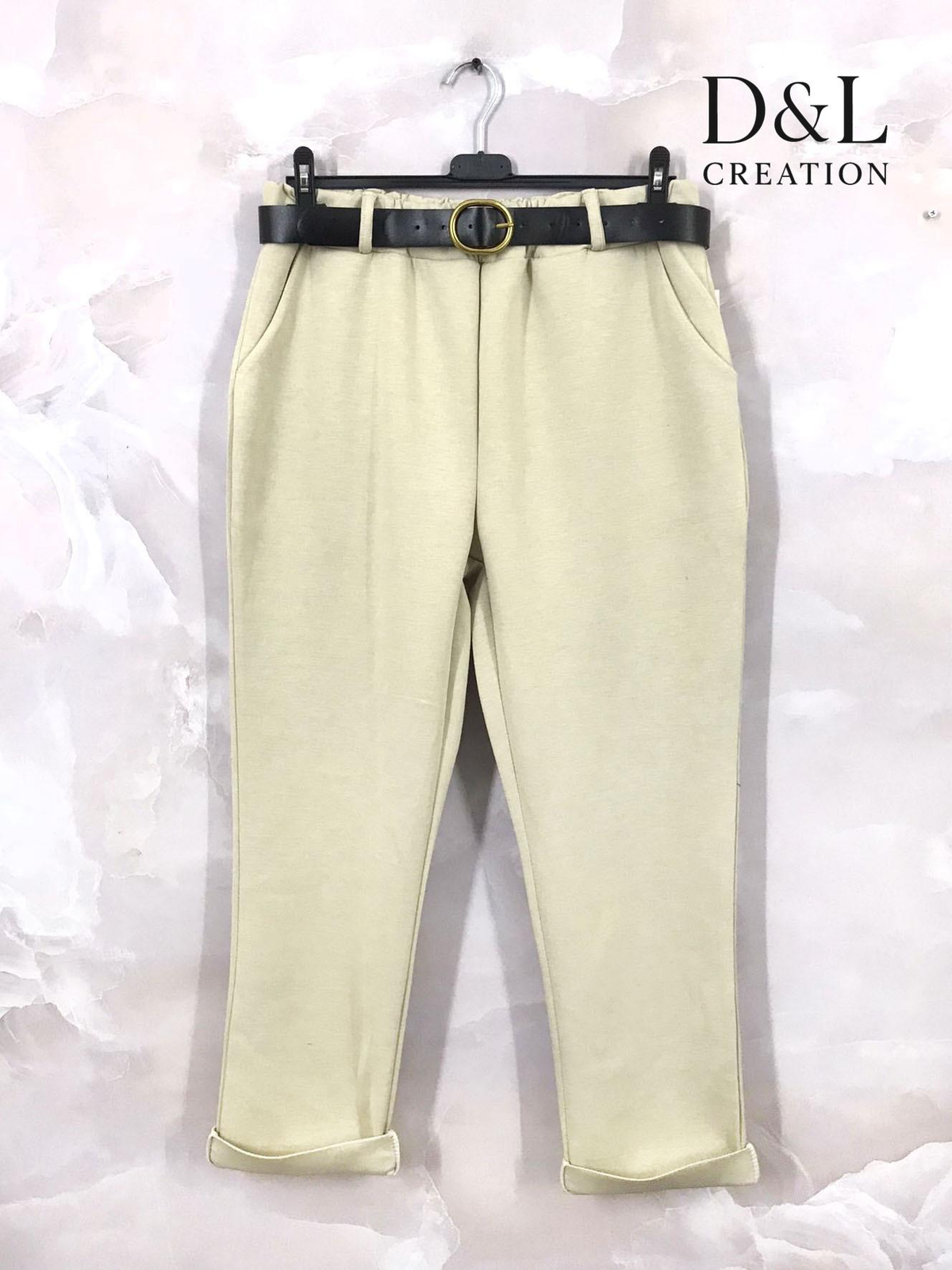 Pantalon stretch grande taille kaki clair avec ceinture
