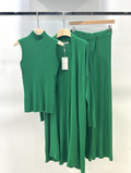 Ensemble 3 pièces maille côtelée vert - top, gilet et pantalon