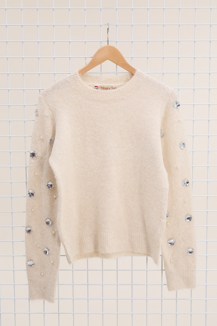 Pull maille à strass et perles femme coloris beige