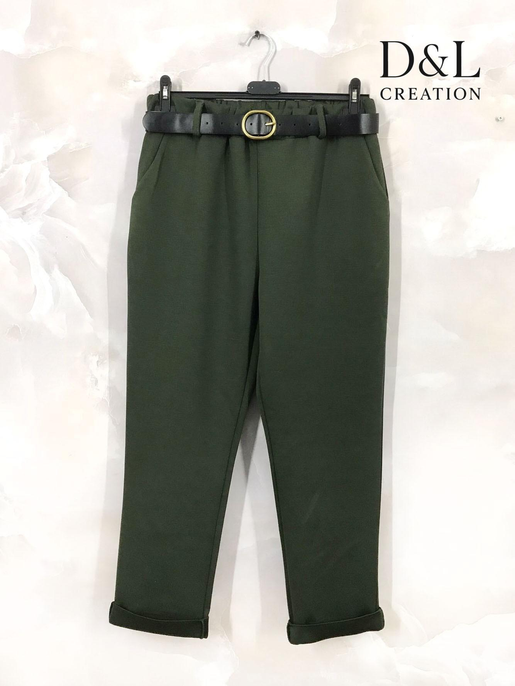 Pantalon stretch grande taille kaki foncé avec ceinture