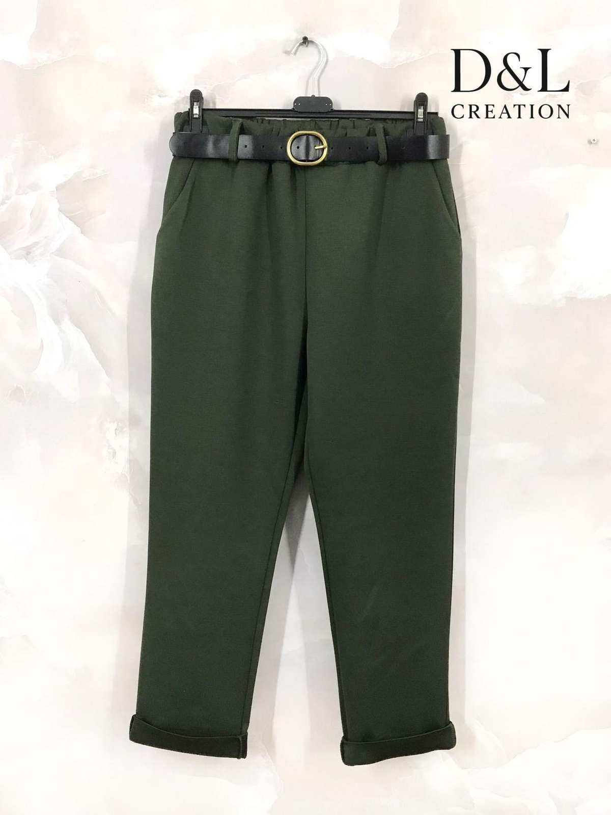 Pantalon stretch grande taille kaki foncé avec ceinture