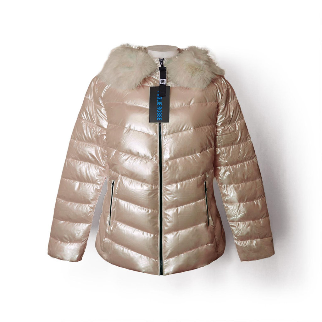 Manteau doudoune champagne col fourrure femme - face