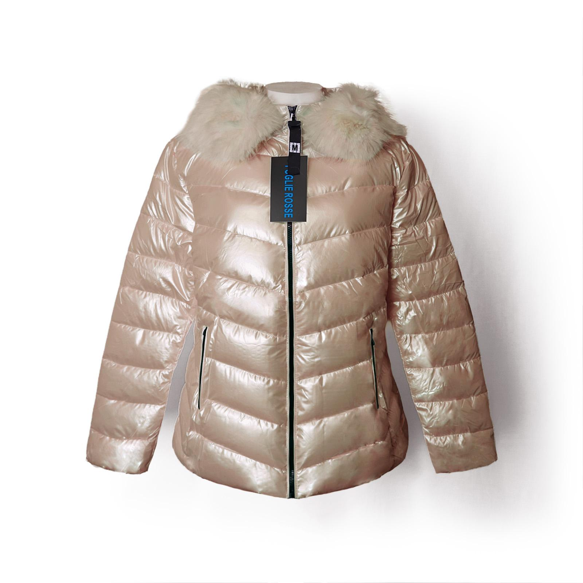 Manteau doudoune champagne col fourrure femme - face